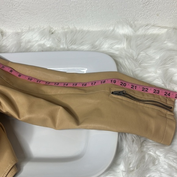 VEGAN LEATHER RUFFLED PEPLUM CAMEL COLORED MOTO STYLE JACKET - Picture 10 of 12